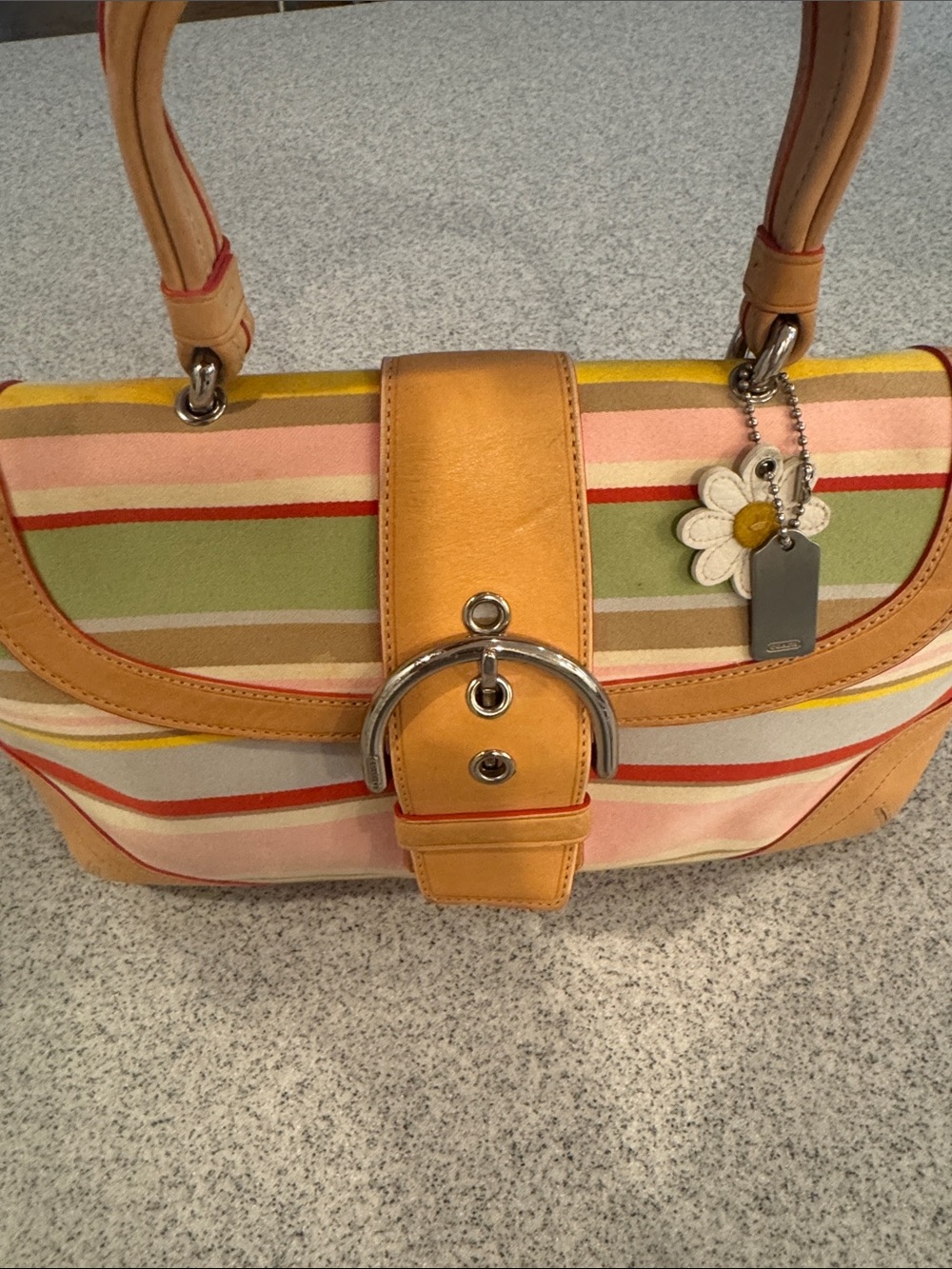 Coach Multicolor Striped Shoulder Bag with Yellow Leather Accents